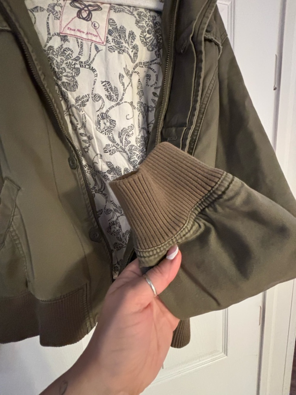 TNA Olive Green Bomber Jacket with Floral Lining - Picture 7 of 10